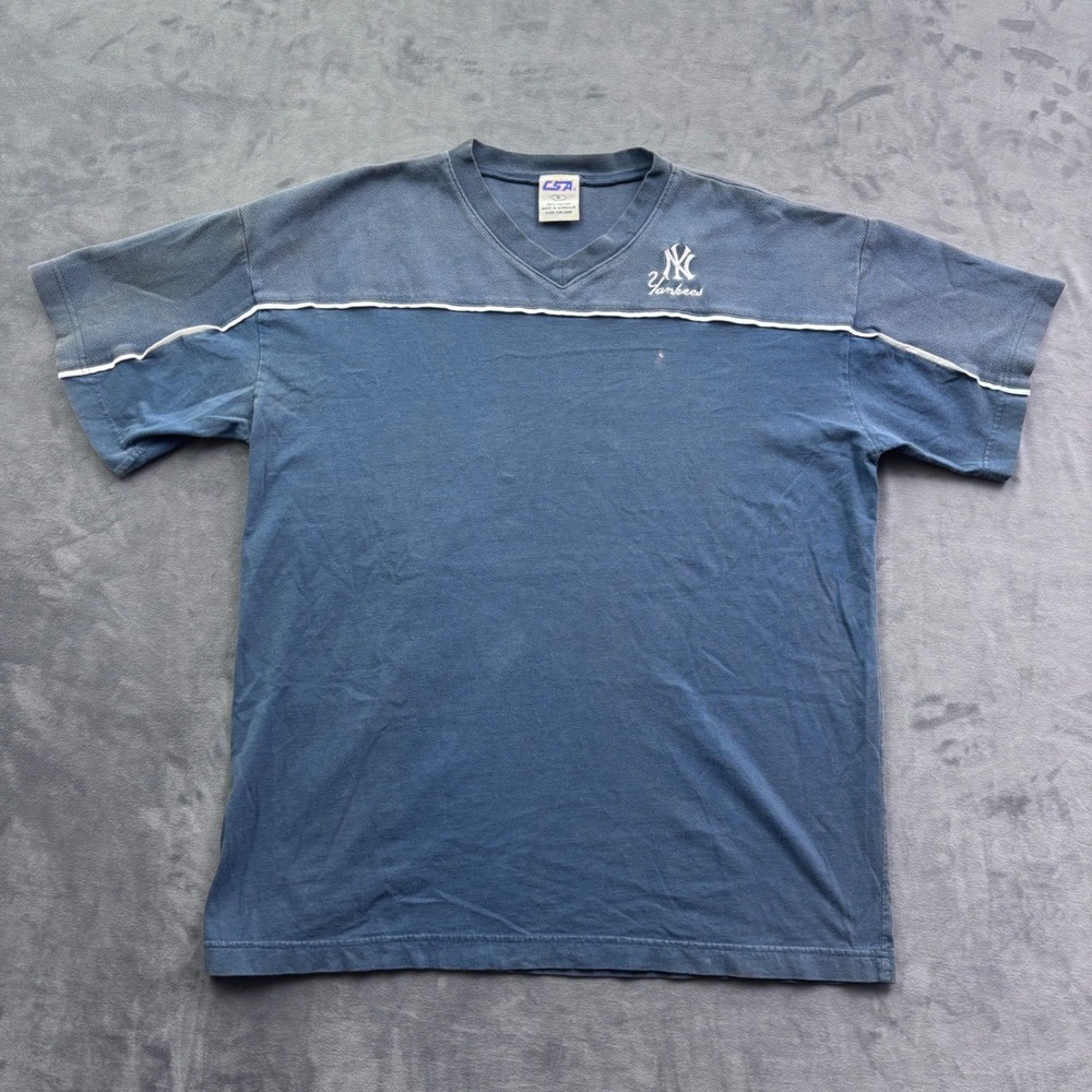 Vintage CSA New York Yankees V-Neck T-Shirt Blue Embroidered Logo Mens XL